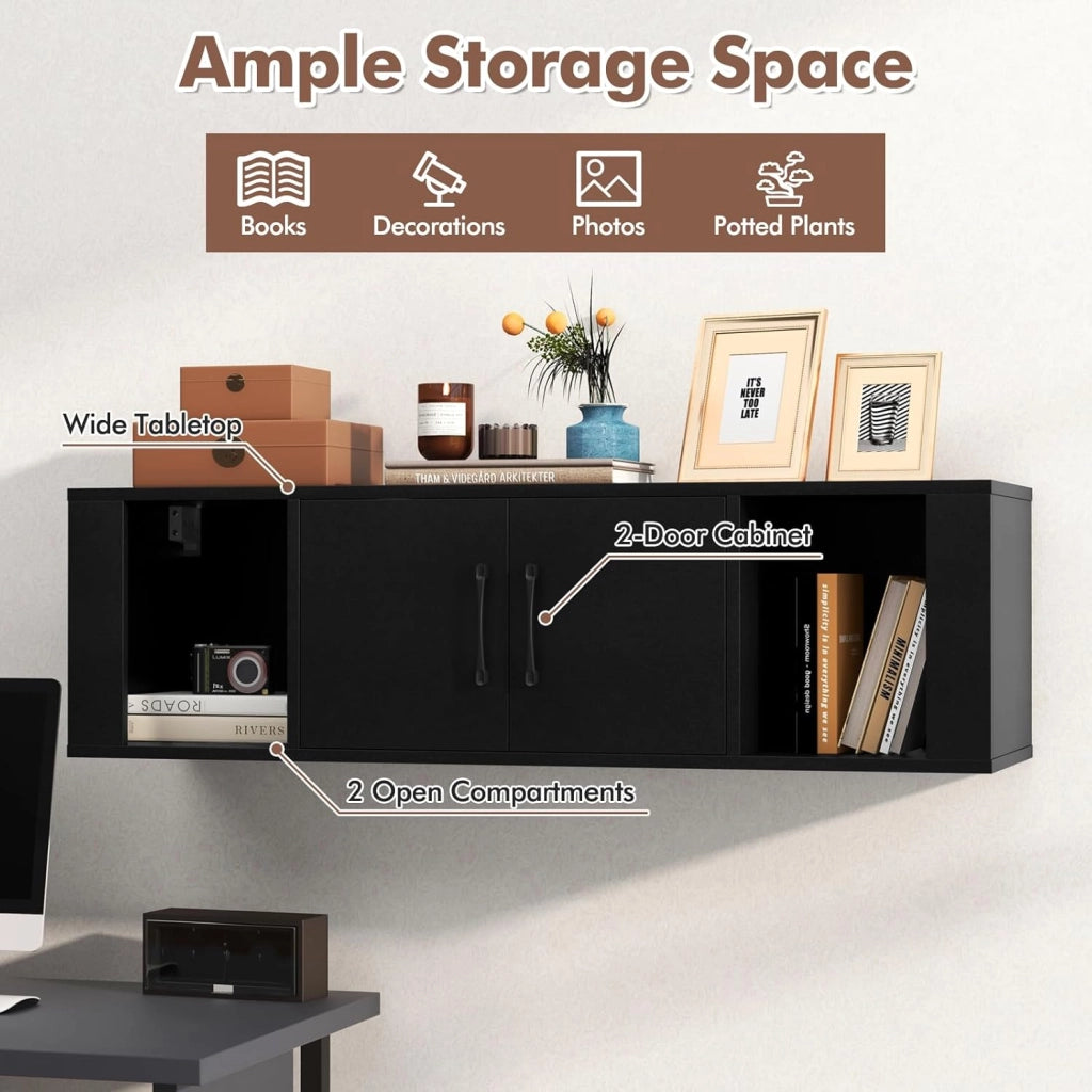 Mobile per TV sospeso con armadio, armadio con ante e ripiani aperti, supporto da parete, armadio da bagno, moderno, per soggiorno, camera da letto, ufficio, 108 x 33 x 30,5 cm (nero)