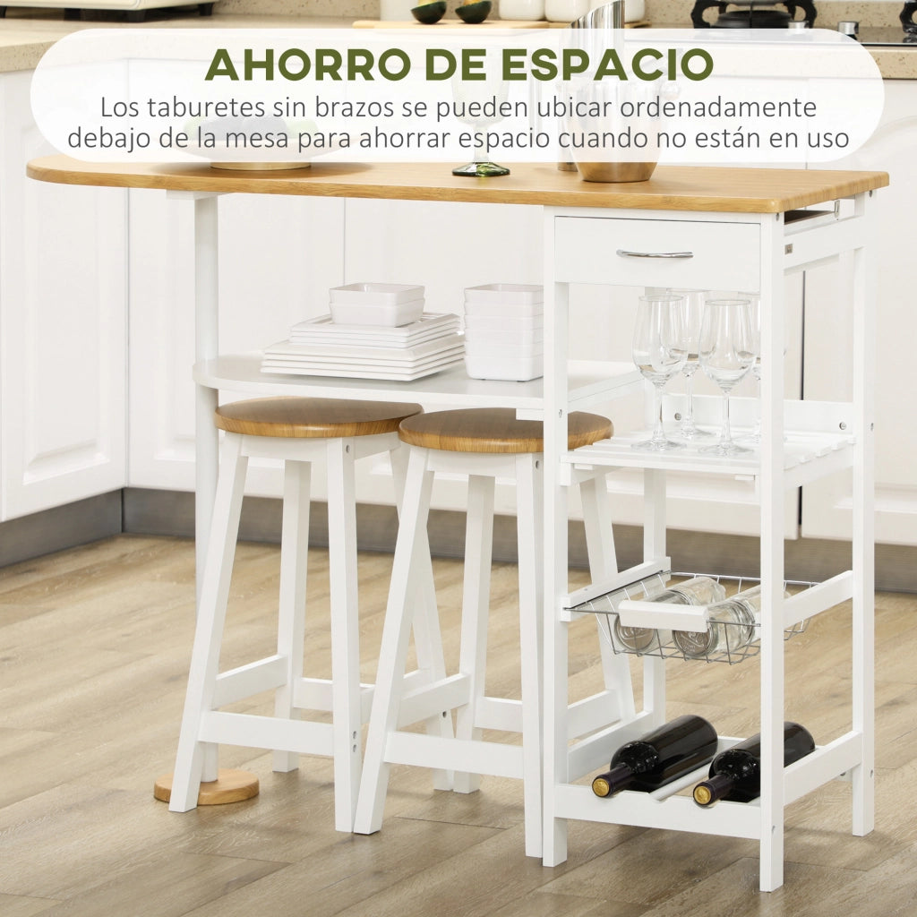 Set tavolo da bar con cestino e bottigliere e 2 sgabelli ¨C zephmum ¨C Bianco 119x38,5x88,5 cm