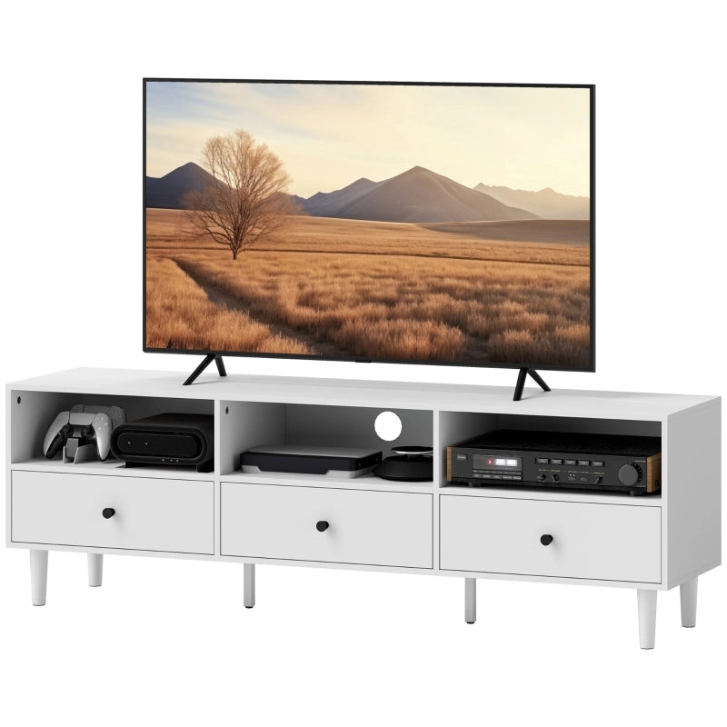 Mobile TV bianco 140x34x45 cm con 3 cassetti, 3 vani a giorno e passacavi