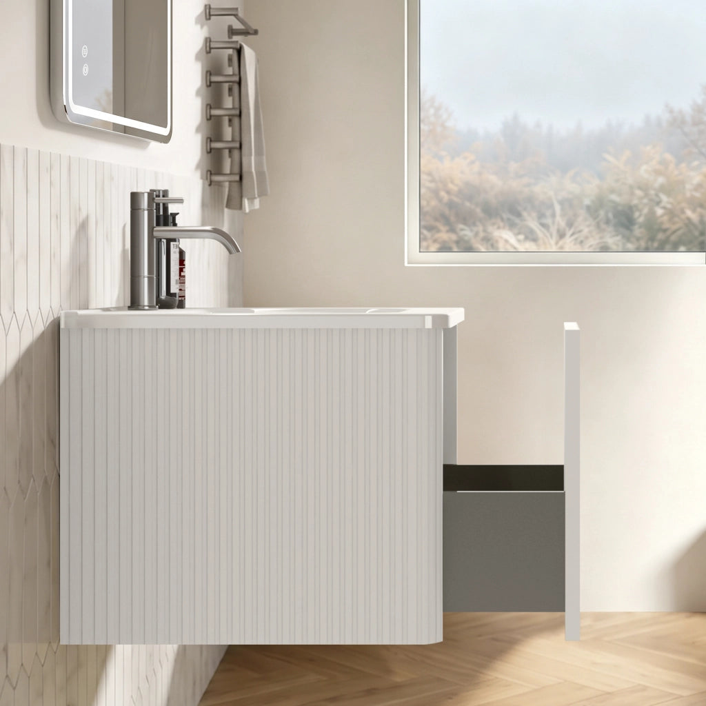 Mobile bagno con specchio con 1 cassetto; lavabo integrato e specchio LED antiappannamento per bagno; bianco