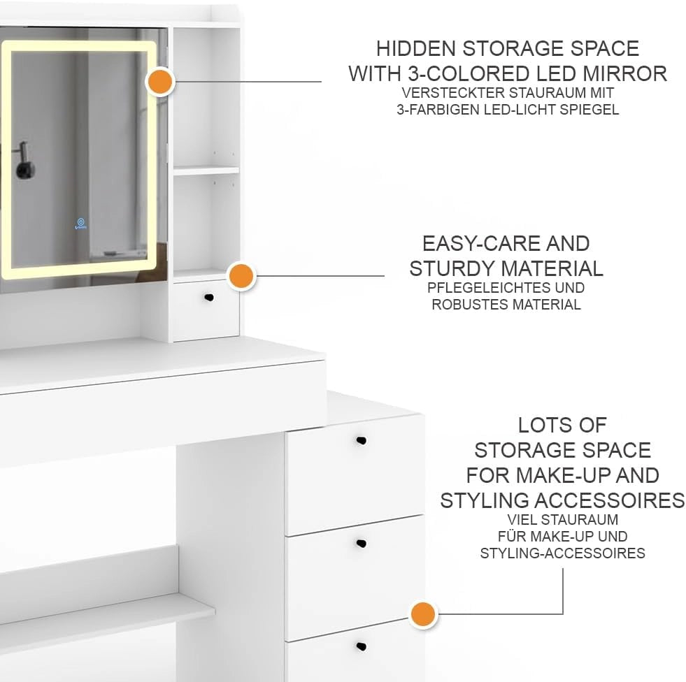 Tavolo da toilette Livora, Bianco, 105.5 cm con specchio a LED, con illuminazione LED regolabile senza scatti e specchio