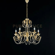 Lampadario in ferro laccato avorio con decorazione effetto decapè e rifiniture oro antico con strass in cristallo 5 luci