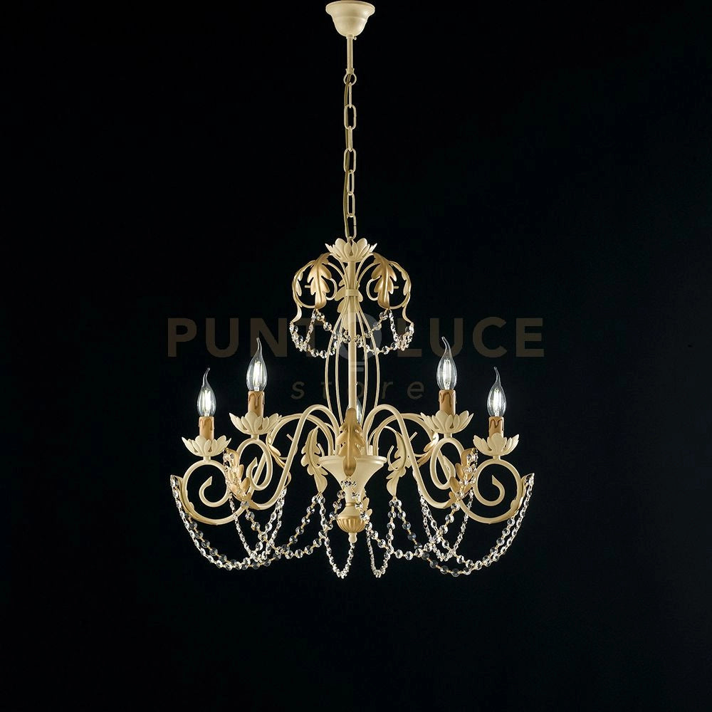 Lampadario in ferro laccato avorio con decorazione effetto decapè e rifiniture oro antico con strass in cristallo 5 luci
