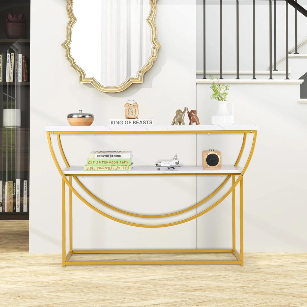 Tavolo Consolle a 2 Ripiani con Piano in Marmo Finto, Tavolo d’Ingresso con Struttura in Metallo Resistente e Mensola, Tavolino Lungo e Moderno per Corridoio, Ingresso e Salotto