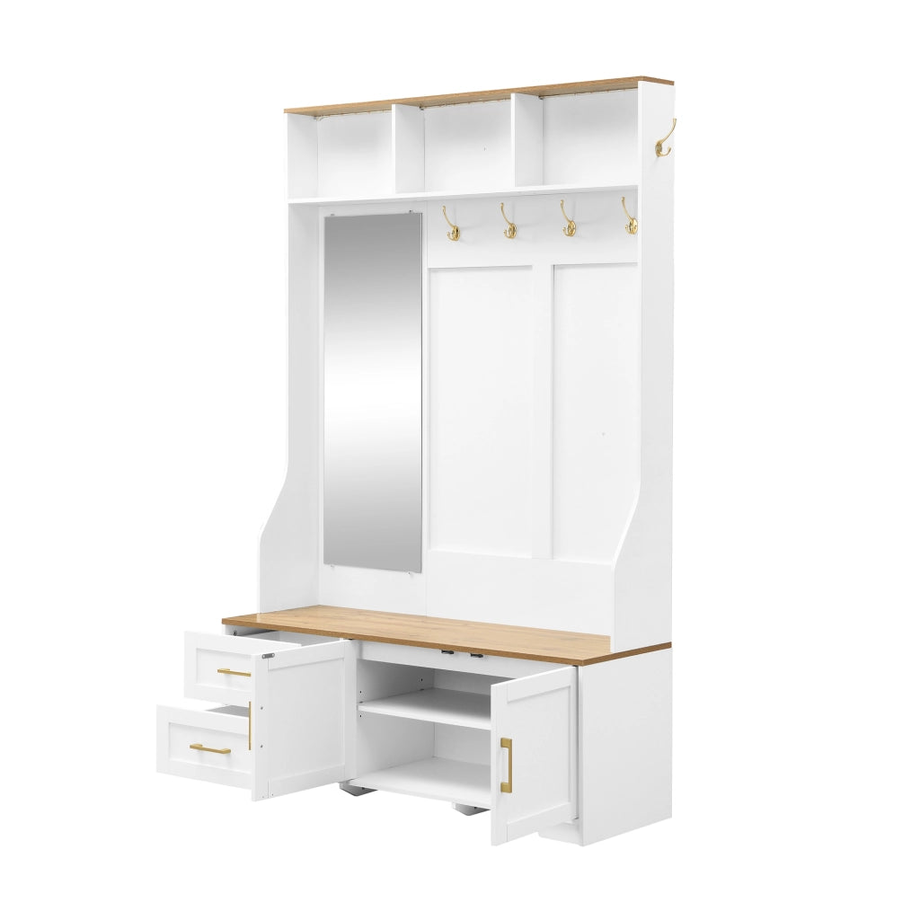 Mobile Ingresso con Specchio; LED; Ganci; Ante e Cassetti; Stile Moderno; in MDF; 120??40??187 cm; Bianco e Legno