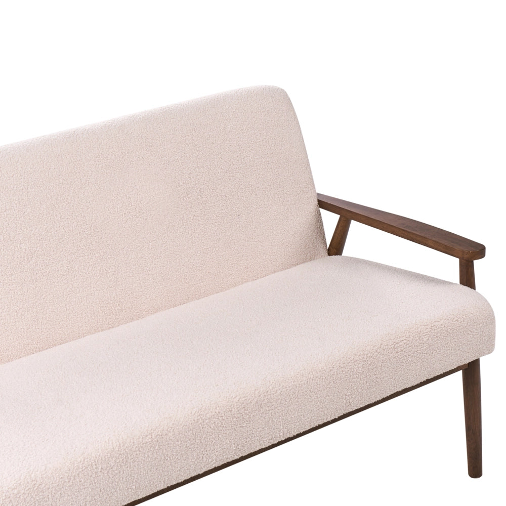 Divano da salotto a 3 posti in bouclé e struttura in legno beige e marrone scuro struttura in legno stile retrò
