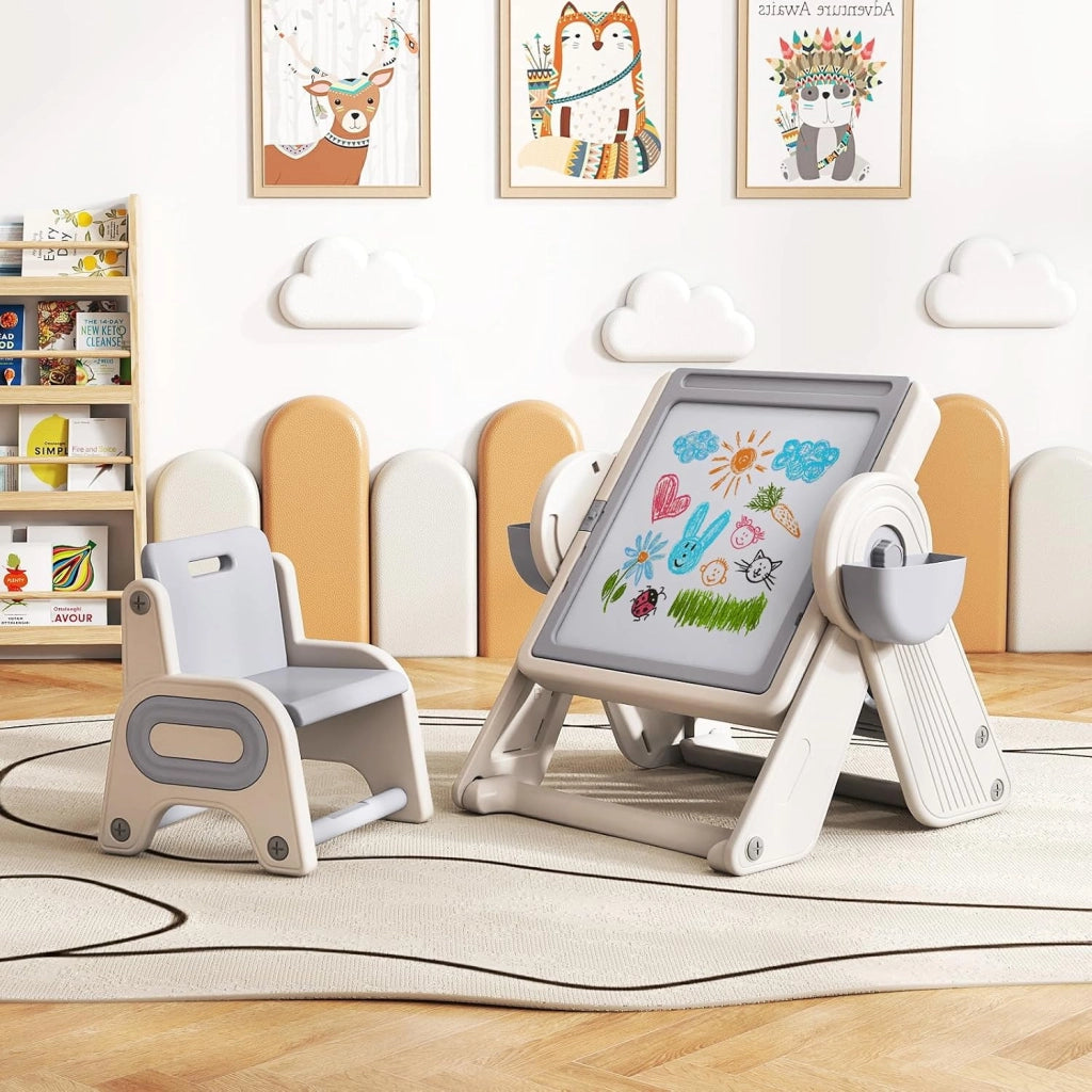 Set Tavolo e Sedia 6 in 1 per Bambini 18+ Mesi, Tavolino Pieghevole con Piano Reversibile, Porta Penne, Cesti Contenitori e Scaffale, Tavolo Salvaspazio per Giochi per Cameretta (Grigio)