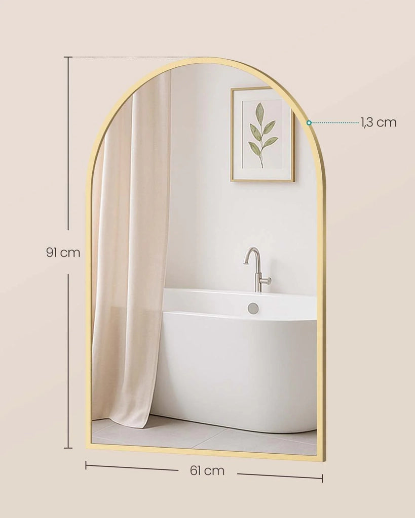 Specchio da bagno specchio da parete ad arco cornice in alluminio 91 x 61 cm con pellicola di sicurezza facile da montare per soggiorno camera da letto bagno oro 12_0008047
