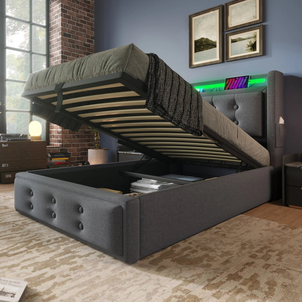 LETTO Imbottito 90x200 cm Grigio con LED e prese USB