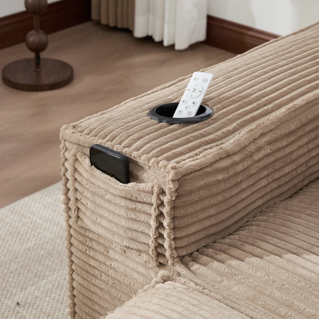 Divano modulare in corduroy khaki con portabicchieri, tasche laterali e 2 pouf