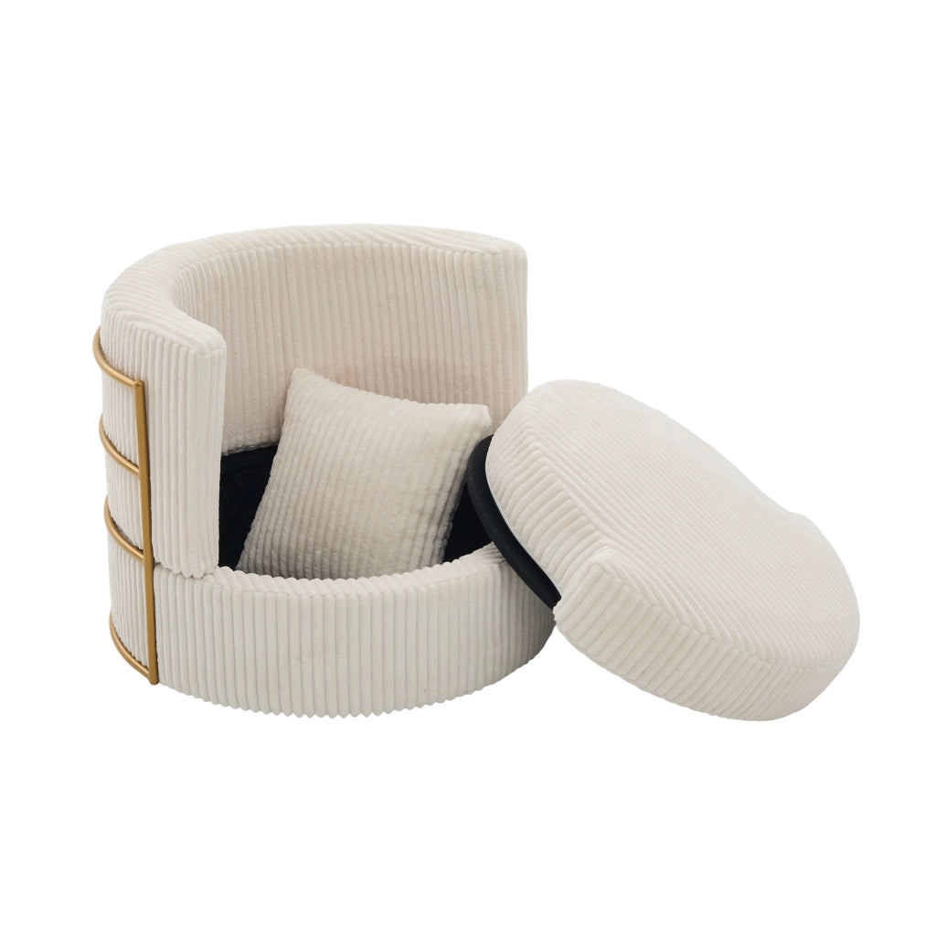 Poltrona girevole 360° in tessuto effetto corda, con vano contenitore, beige