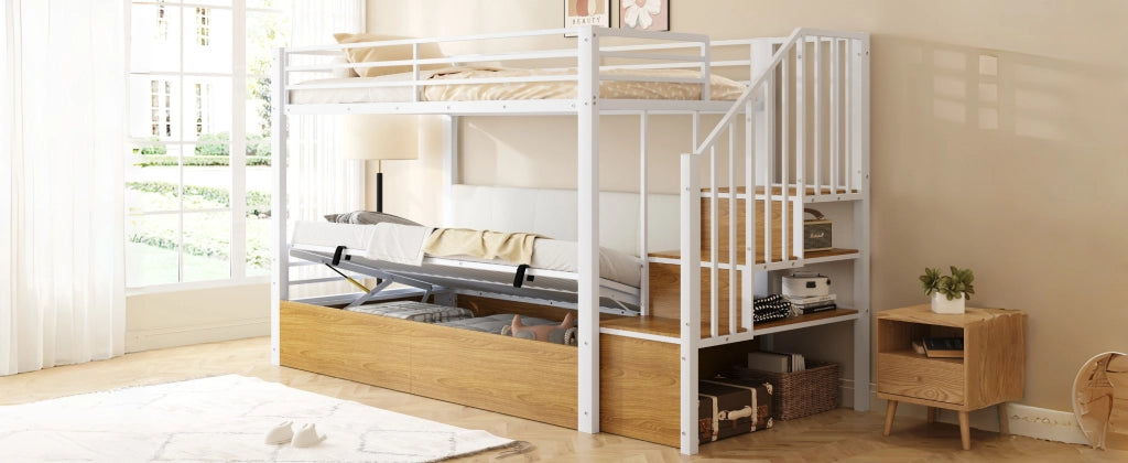 LETTO a castello 90x200 cm bianco in MDF e metallo con scala contenitore