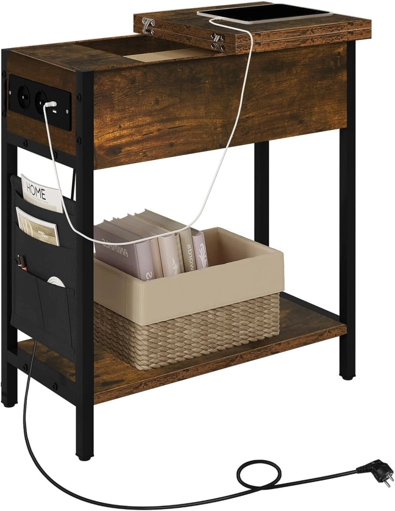 Tavolino da Salotto con Area di Ricarico, Tavolino da Divano Laterale, Comodino con Piano Ribaltabile, Scatola in Tessuto, 2 Prese e 2 Porta USB, Rovere Vintage