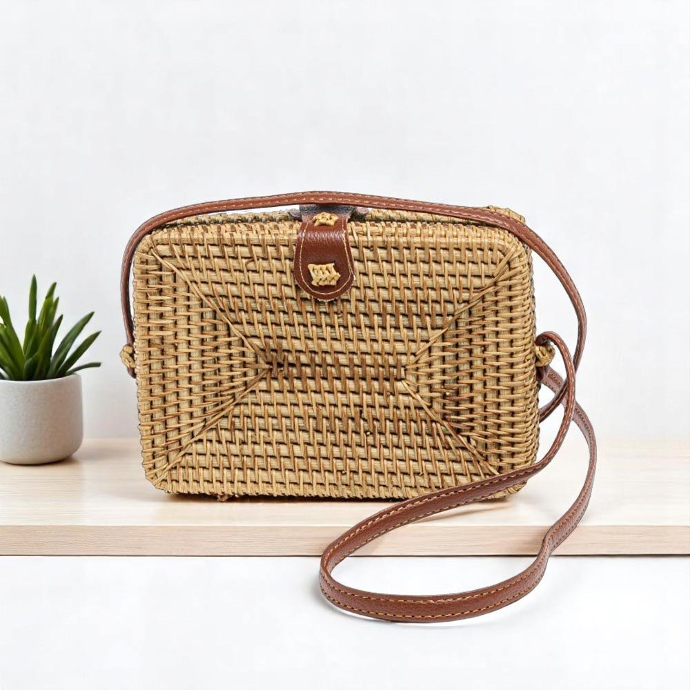 Borsetta rettangolare vimini intrecciato tracolla simipelle cm 18.5 x 12.5 12 pz