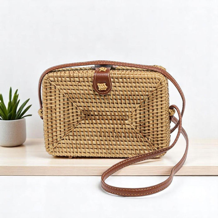 Borsetta rettangolare vimini intrecciato tracolla simipelle cm 18.5 x 12.5 12 pz