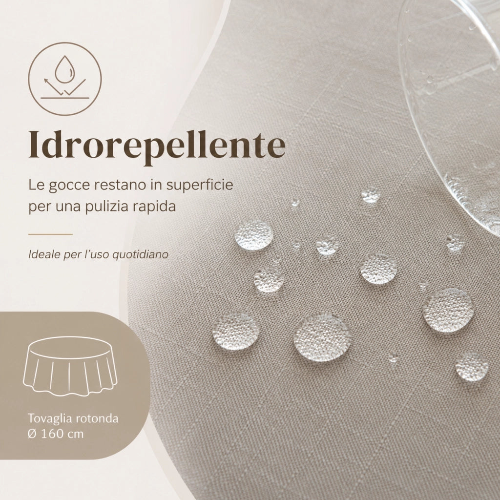 Tovaglia rotonda 160 cm colore grigio; tessuto effetto lino idrorepellente; lavabile in lavatrice; design moderno per tavolo da pranzo interno
