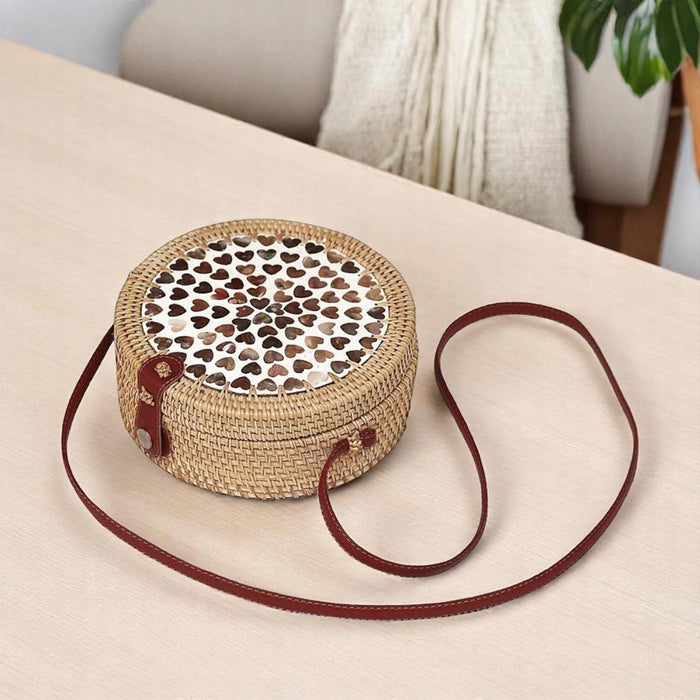 Borsetta rotonda in vimini intrecciato tracolla simipelle cm 20 x 8.5 12 pezzi