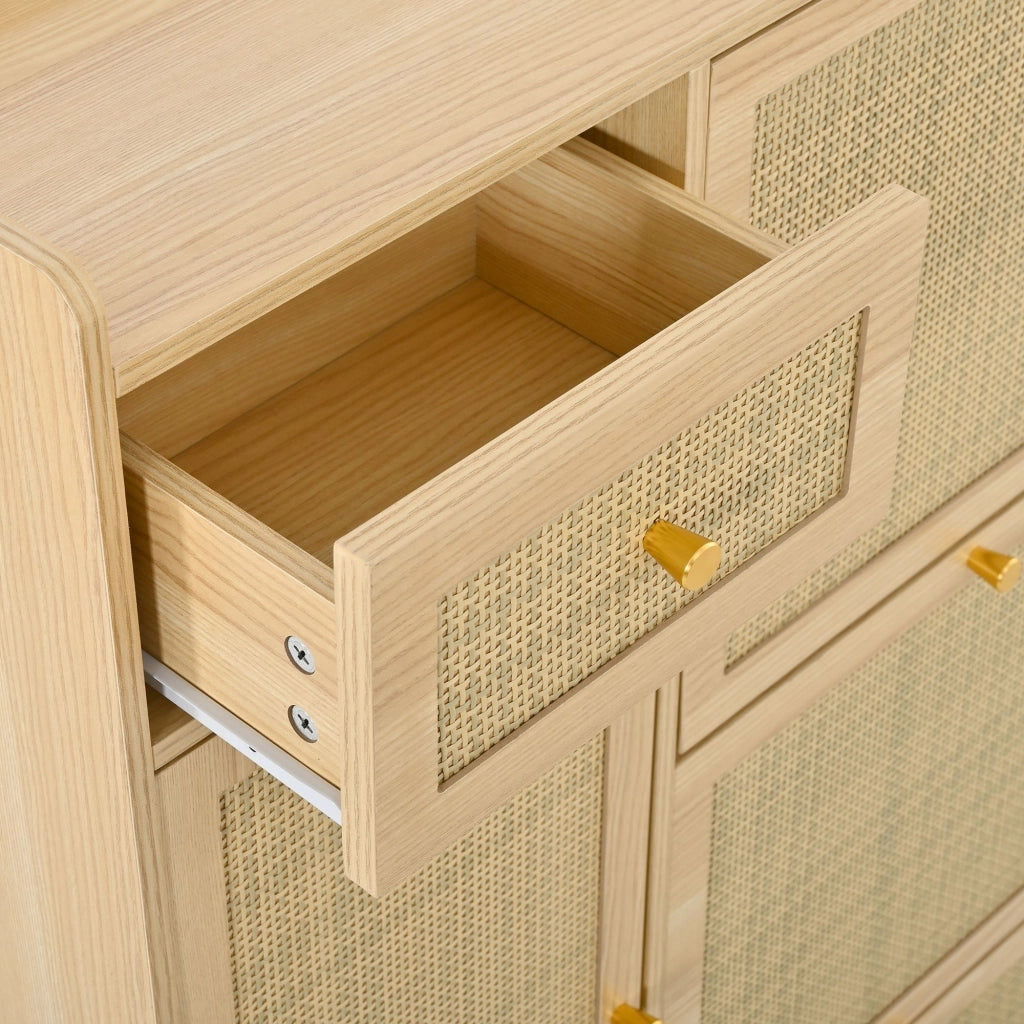 Scarpiera, mobile da ingresso, finitura in vimini, 3 sportelli ribaltabili, con cassetti, 80,5 x 25 x 125 cm, colore legno naturale