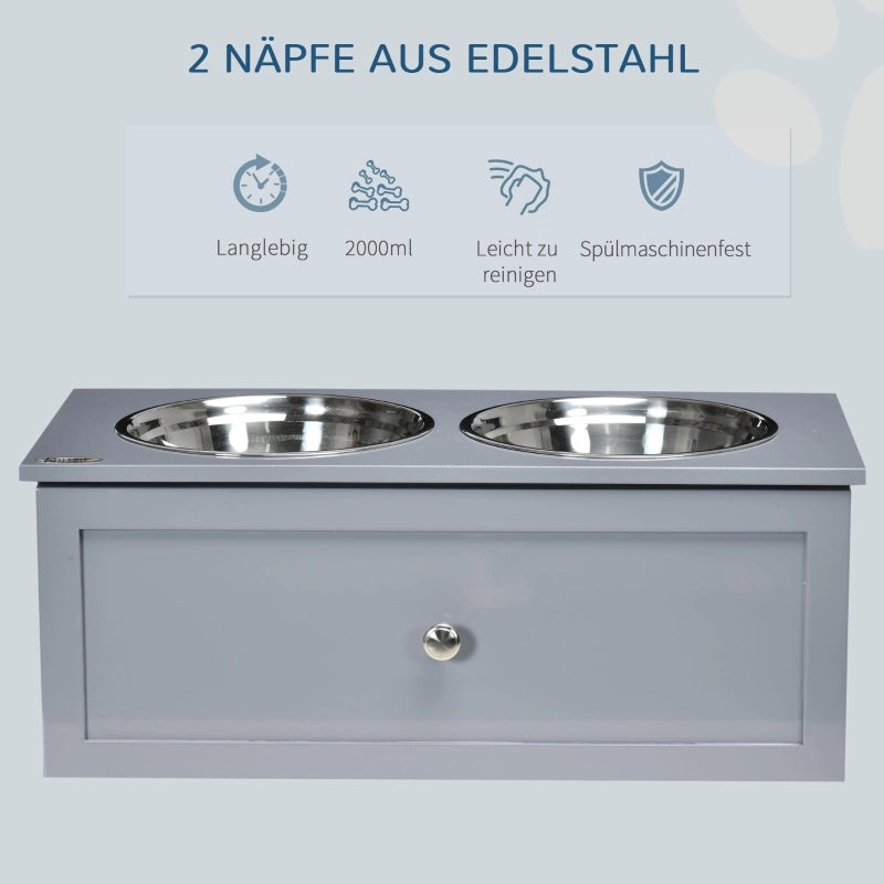 Scaffale rialzato con due ciotole in acciaio inox e cassetto per cani medi grigio 60 × 30 × 24 cm