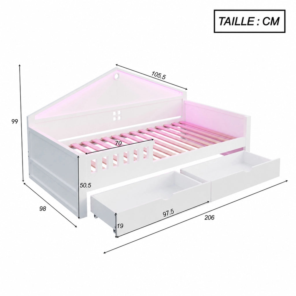 DESMIU Letto singolo 1 posto con 2 cassetti, LED regolabile e contenitore 90 × 200 cm, senza materasso, bianco
