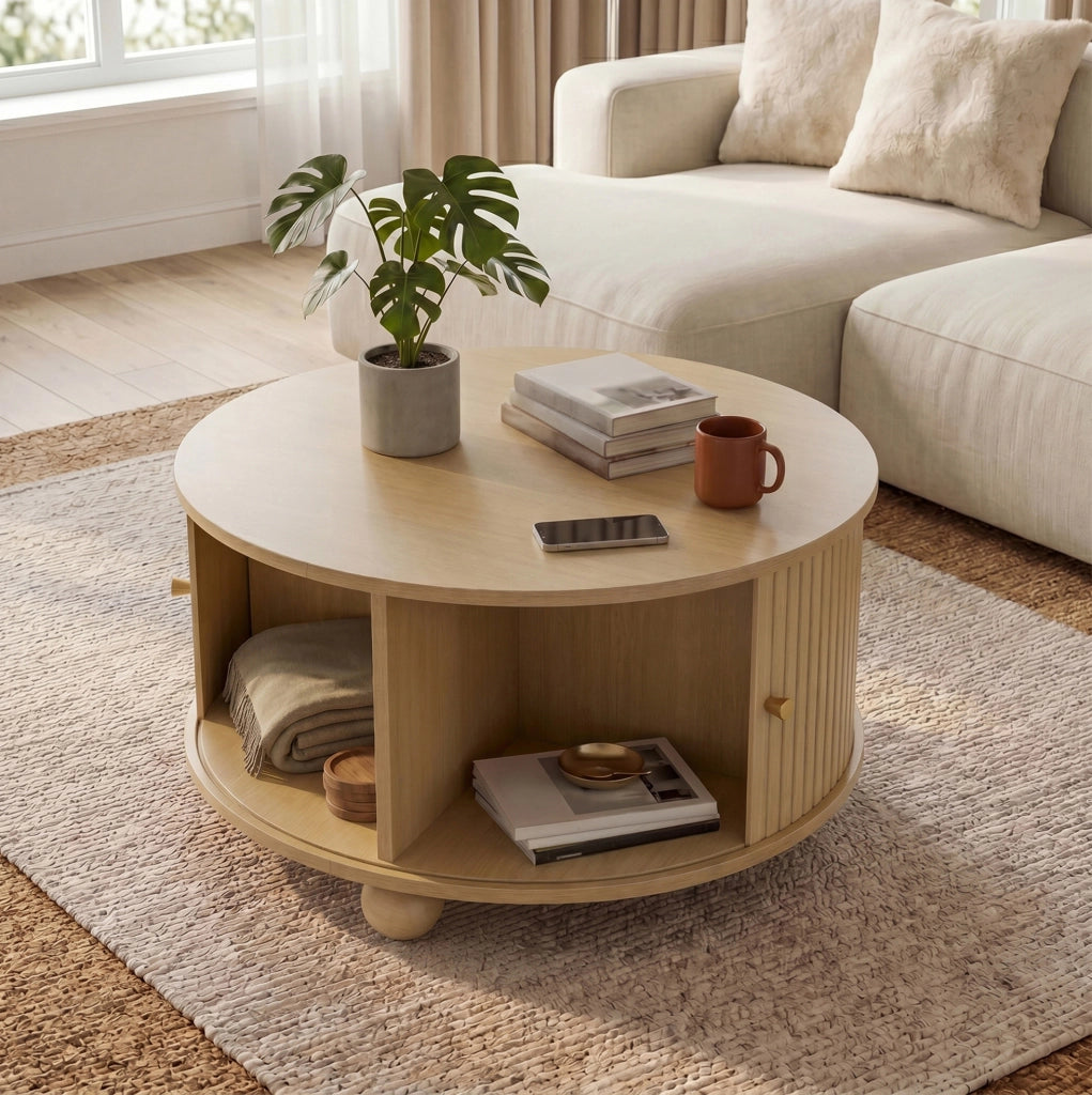 Tavolino da salotto rotondo 72x72x38 cm in MDF naturale con ante scorrevoli
