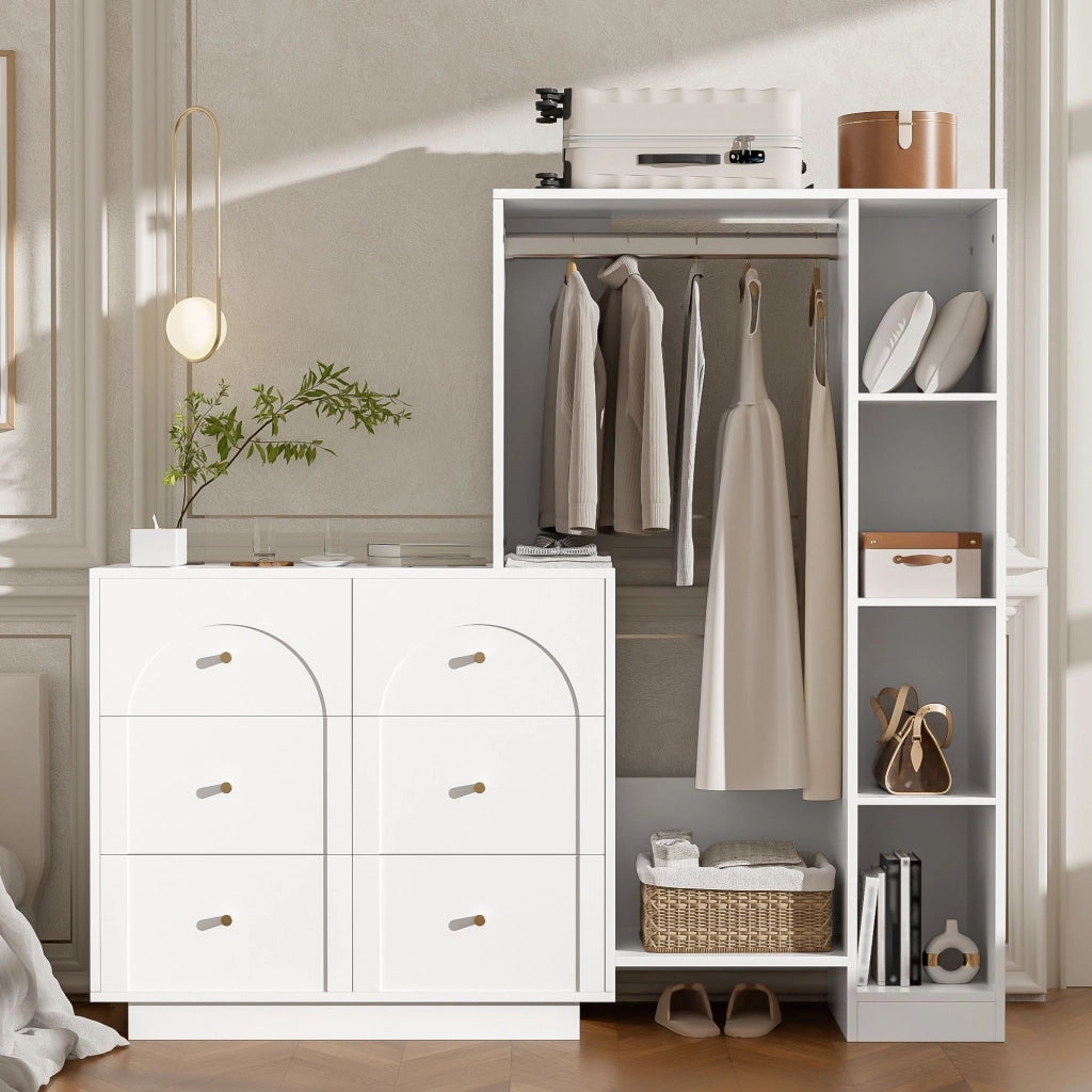 Armadio, mobile da ingresso, 6 cassetti, ripiani, 139 x 35 x 133 cm, bianco