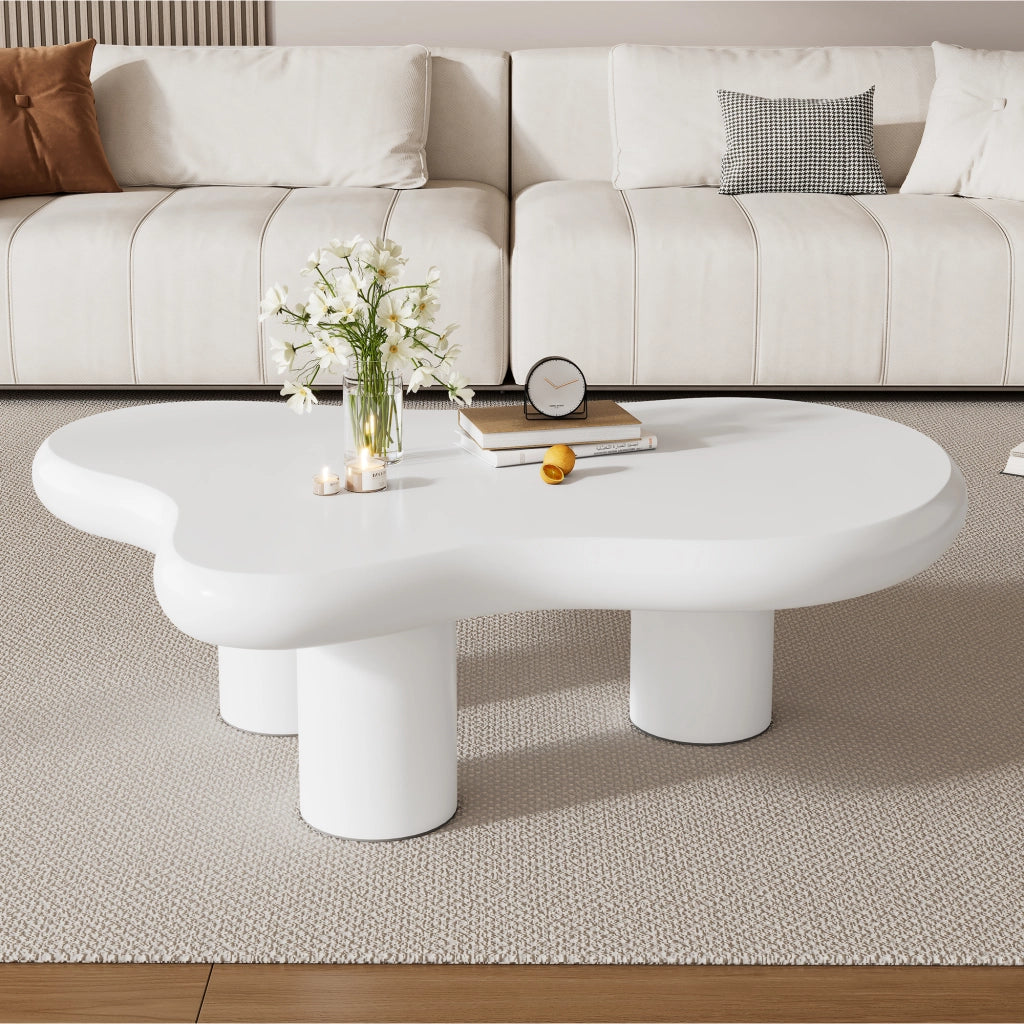 Tavolino da caffè con piano irregolare; per soggiorno; in MDF; 97×67×32 cm; bianco