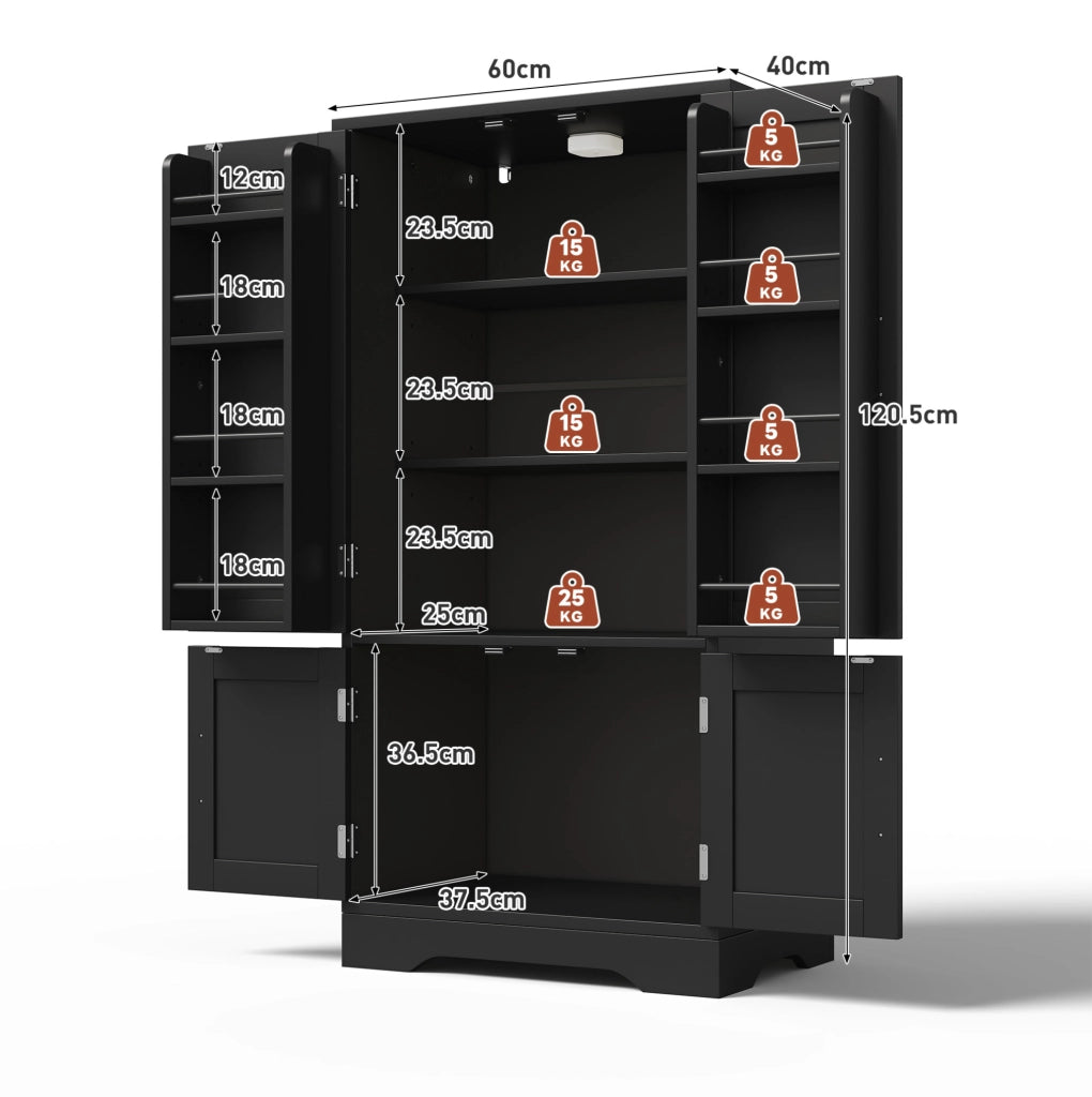 Armadio alto 120x60x40 cm con luce LED sensore; ripiani regolabili in MDF nero