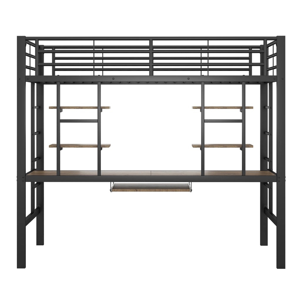 Letto a soppalco in metallo con scrivania e librerie, 90x200 cm, nero