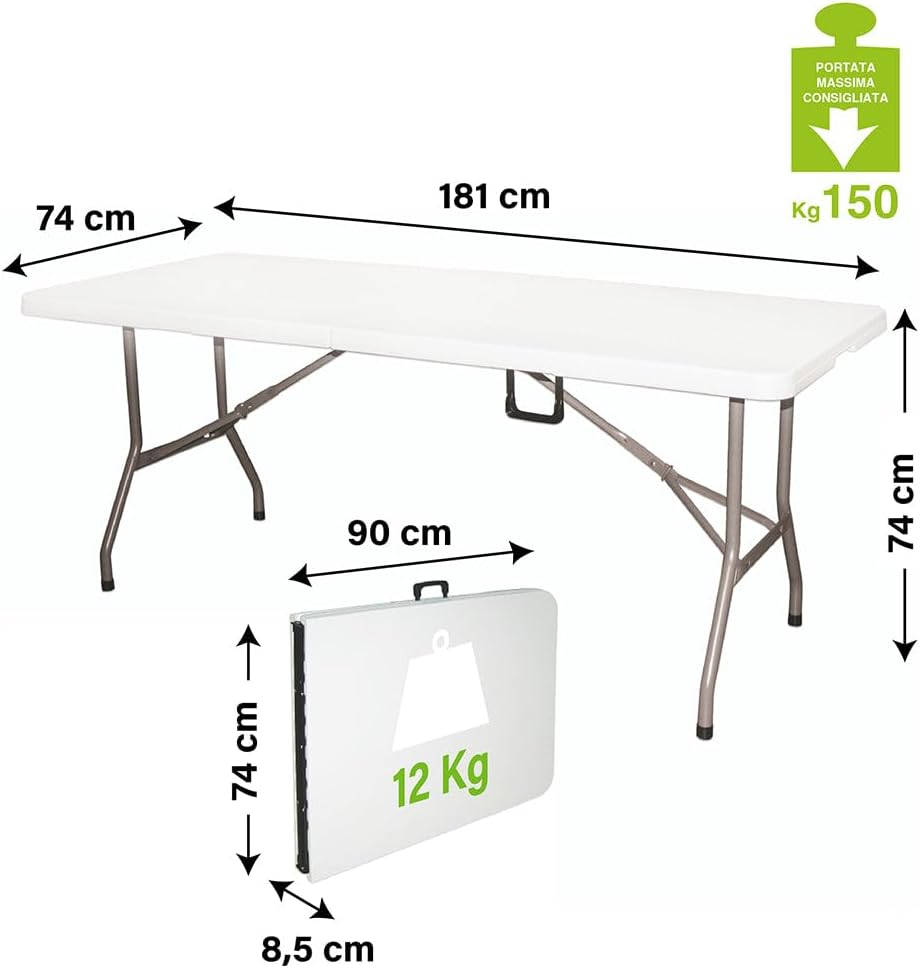 Tavolo Pieghevole Richiudibile a Valigetta in Resina 181x74x74 cm adatto per Campeggio, Eventi, Giardino, Feste, Sagre, Mare Rettangolare Metallo Bianco