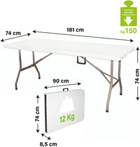 Tavolo Pieghevole Richiudibile a Valigetta in Resina 181x74x74 cm adatto per Campeggio, Eventi, Giardino, Feste, Sagre, Mare Rettangolare Metallo Bianco