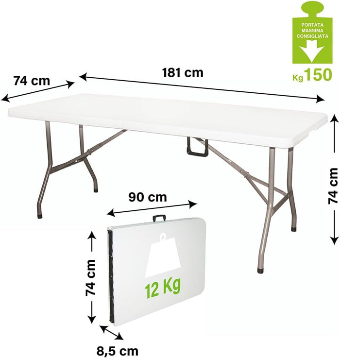 Tavolo Pieghevole Richiudibile a Valigetta in Resina 181x74x74 cm adatto per Campeggio, Eventi, Giardino, Feste, Sagre, Mare Rettangolare Metallo Bianco