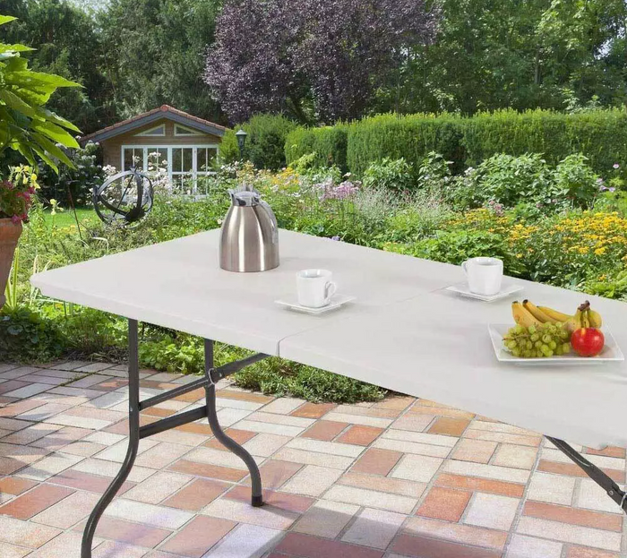 Tavolo Pieghevole Richiudibile a Valigetta in Resina 181x74x74 cm adatto per Campeggio, Eventi, Giardino, Feste, Sagre, Mare Rettangolare Metallo Bianco