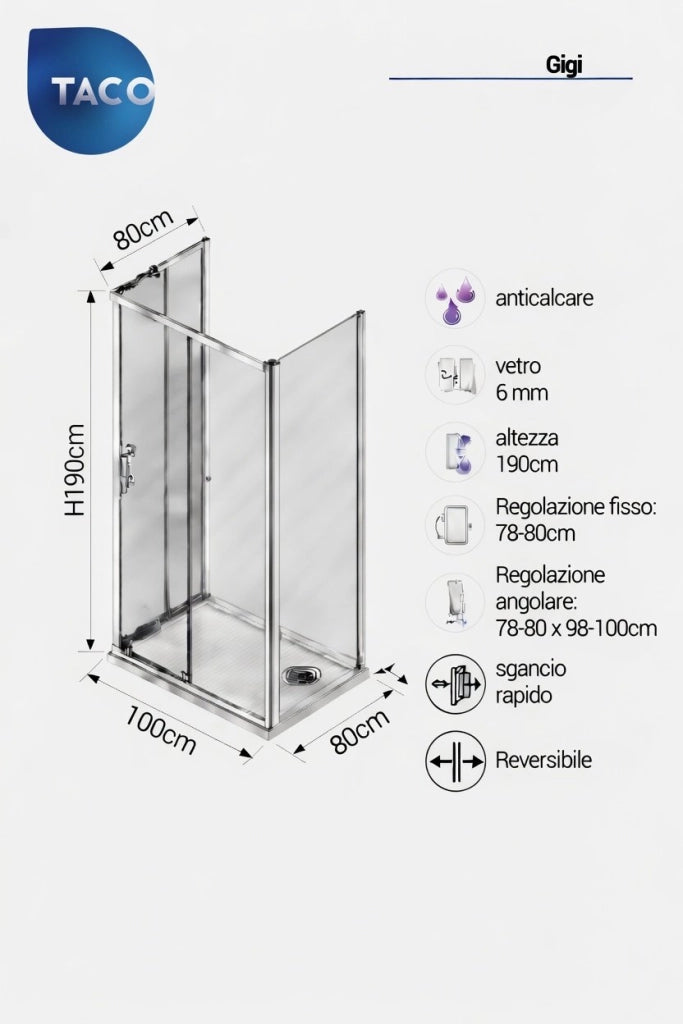 Box Doccia 3 lati 80x80x100 cm: fisso + angolare scorrevole GIGI - Cromato Lucido