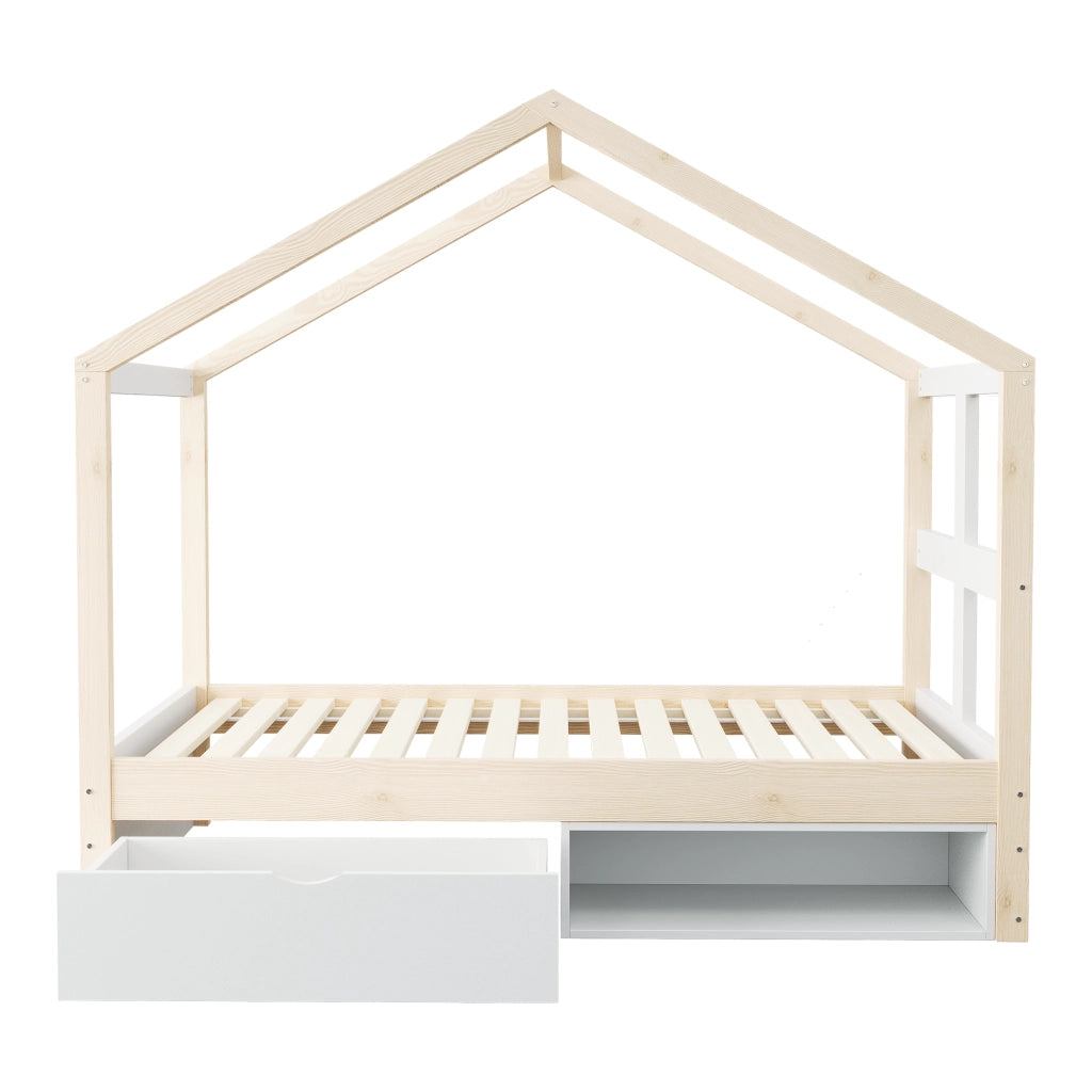 Letto per bambini 90 × 190 cm con cassetto contenitore, scarpiera e LED multicolore, senza materasso, legno naturale