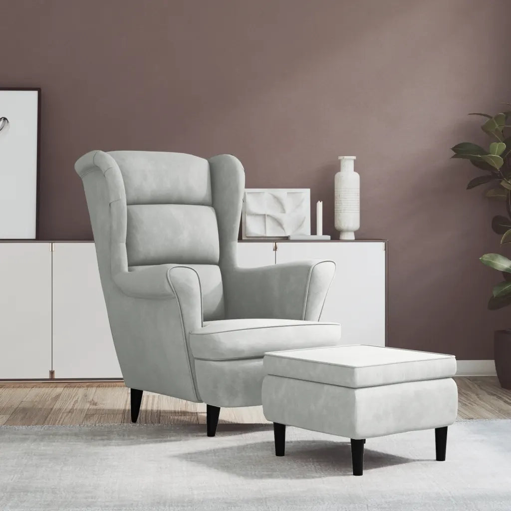 Poltrona | Sedia Relax Schienale ad Ala con Poggiapiedi Grigio Chiaro Velluto