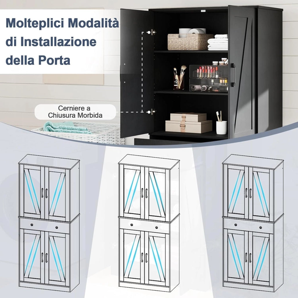 Credenza Alta da Cucina, Mobile Dispensa in Legno con 3 Ripiani Regolabili, 1 Cassette e 4 Ante, Armadio Moderno per Cucina, Soggiorno, Sala da Pranzo, 77 x 39 x 183 cm (Nero)