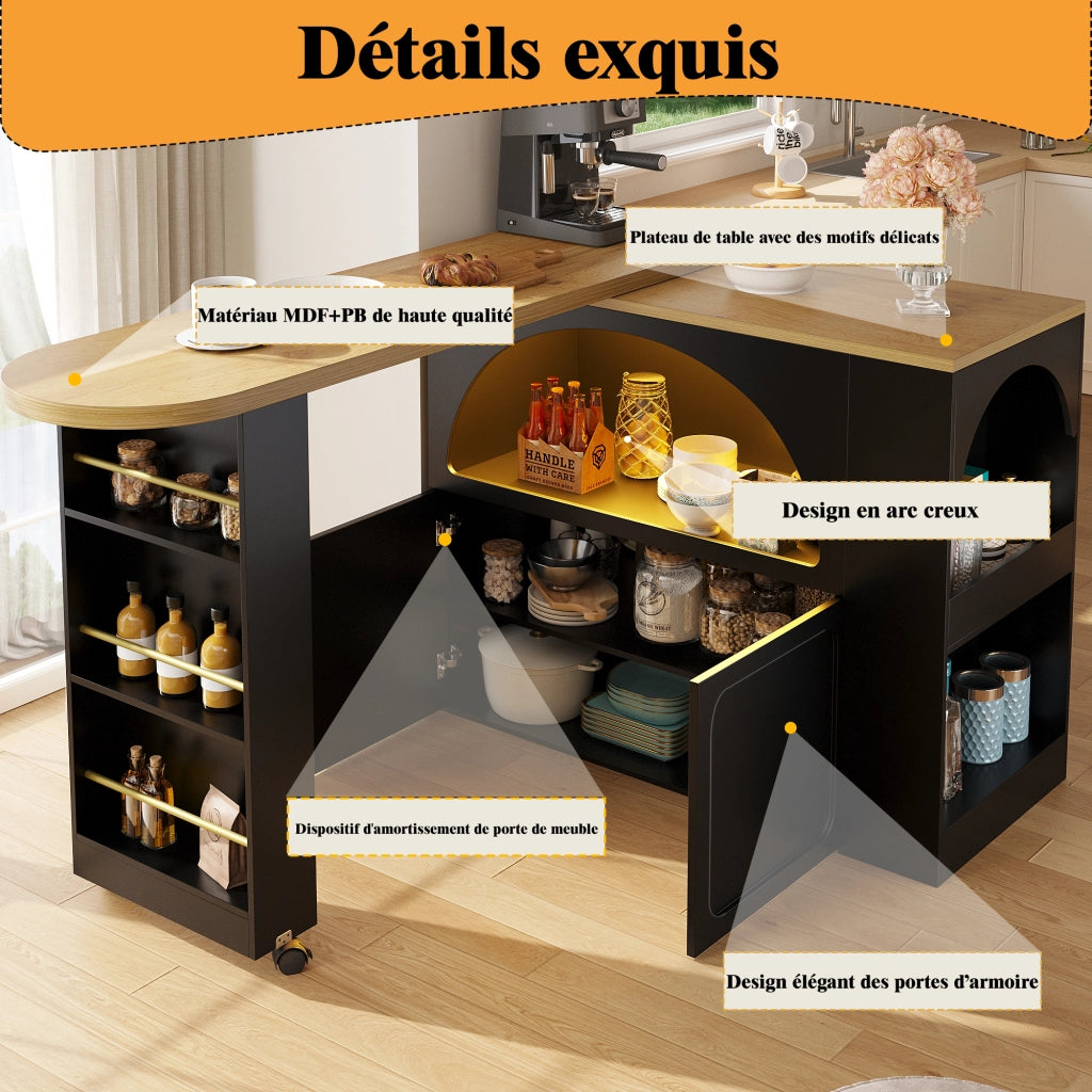 Tavolo Bar Alto con Contenitore; Ripiani Regolabili; LED; USB e Ruote per Cucina e Soggiorno; 135-205x39x100 cm