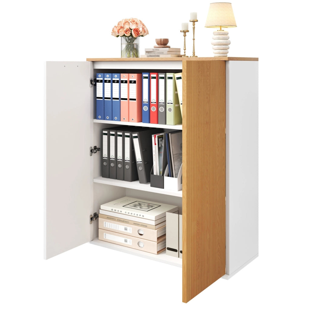 Mobile archivio 80x40x110 cm in MDF bianco e rovere con frontale a lamelle