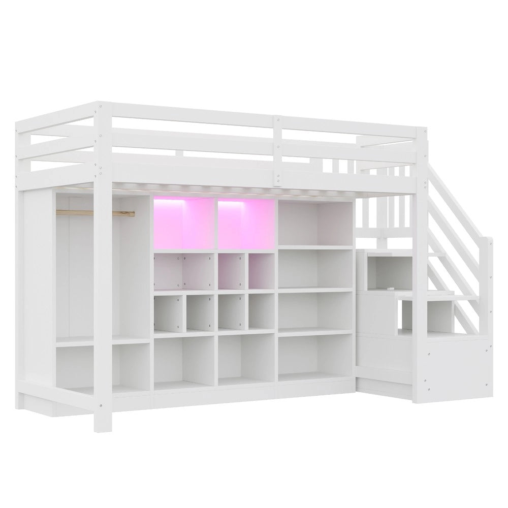 Letto a Soppalco con Armadio e Ripiani, LED ¨C Xylo ¨C 90x200, Bianco