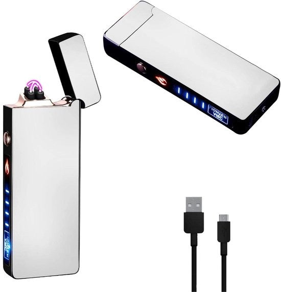 Aansteker a doppia vampa elettrica con rivestimento PVD - Ricaricabile via USB - Adatta per donne e uomini - Argento