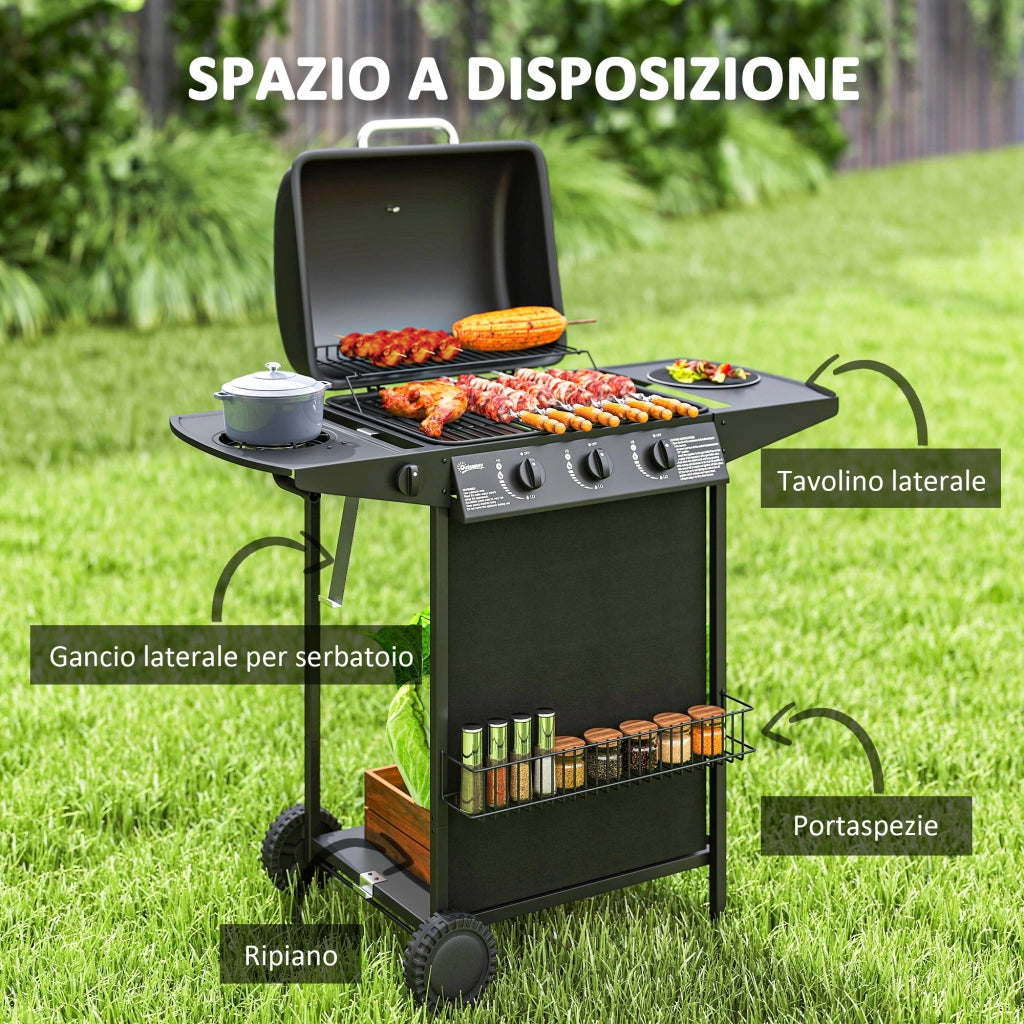 Barbecue a Gas con 4 Bruciatori Indipendenti e Coperchio con Termometro, 108x54x97 cm, Nero