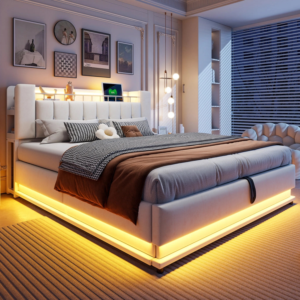 Letto Contenitore 180x200 cm; con USB e LED; in Tessuto Imbottito; Beige