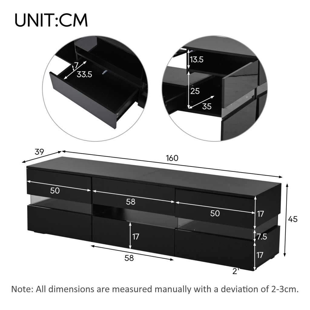Mobile porta TV con LED, 2 ante, 1 cassetto e vano aperto, per soggiorno, in truciolato nero 160 × 39 × 45 cm