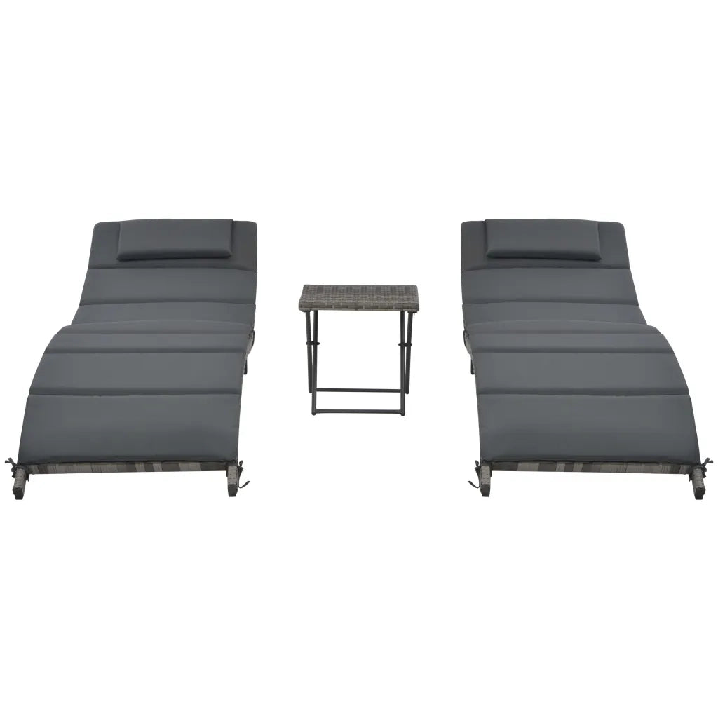 Set Lettini da Giardino 3 pz Pieghevoli in Polyrattan Grigio 44815
