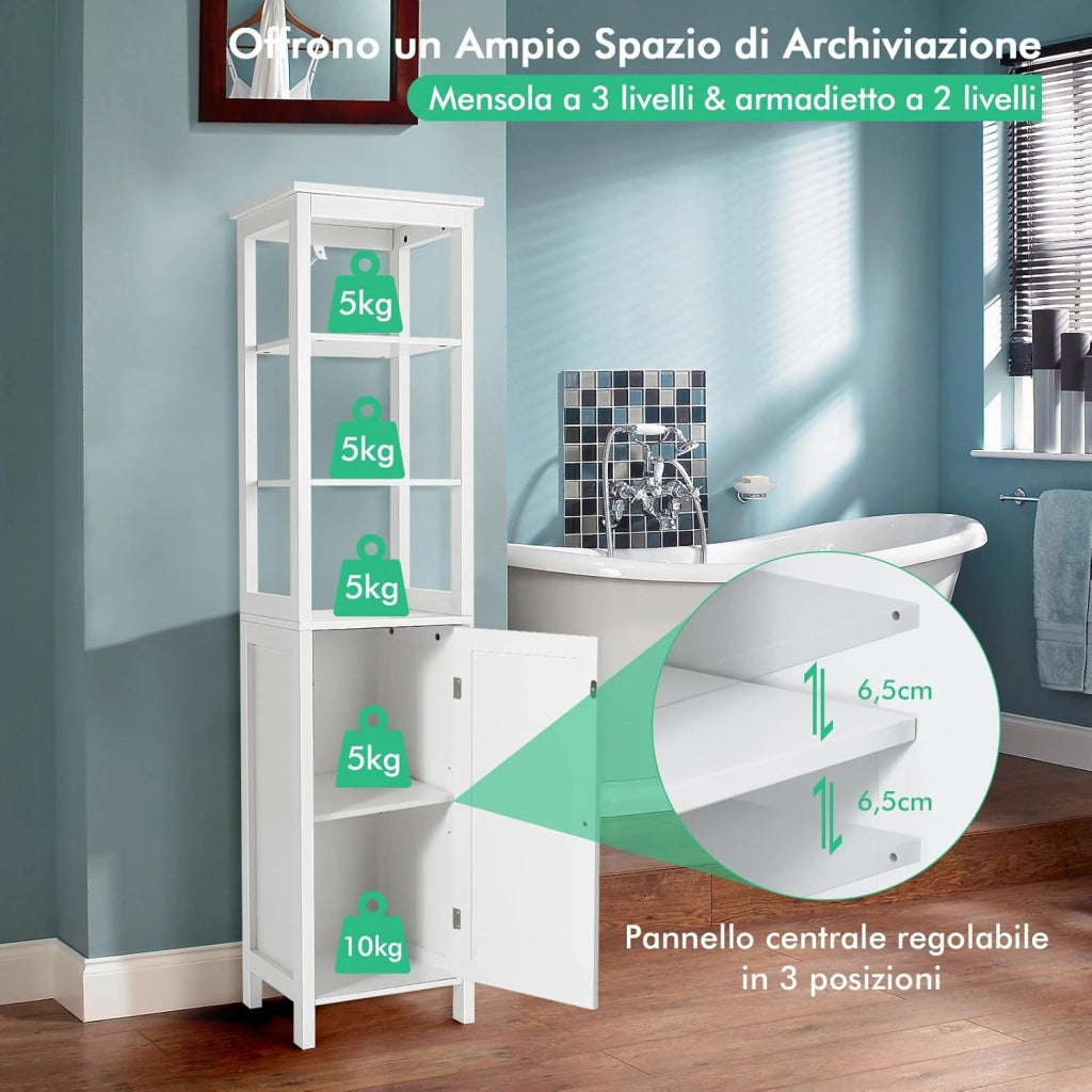 Armadio da Bagno, Organizzatore con Ripiano a 3 Livelli, con Pannello Centrale a 3 Posizioni e Meccanismo Antiribaltamento, Salvaspazio per Soggiorno Camera da Letto