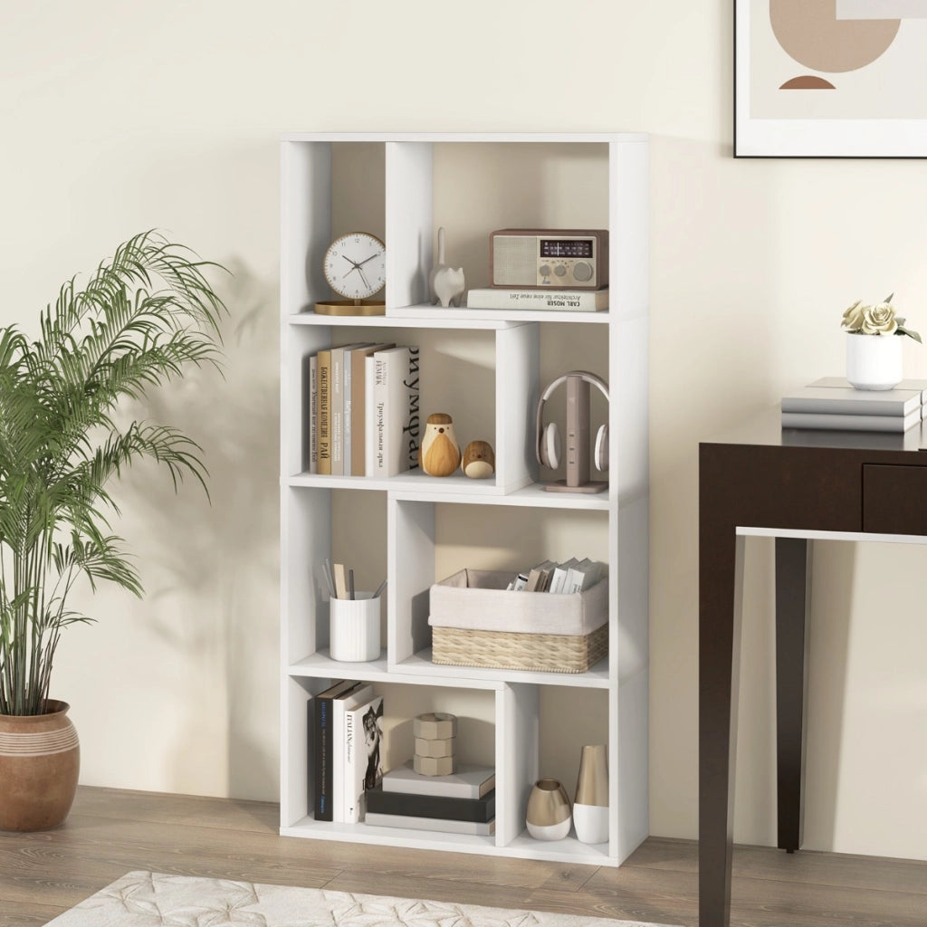 Libreria geometrica a 4 ripiani da 120cm-Organizzatore di stoccaggio moderno con 8 cubi in legno per soggiorno Bianco