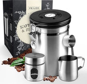 Set di contenitori per caffè in acciaio inossidabile a chiusura ermetica 500 g con set di 4 contenitori, contenitore per zucchero, contenitore per latte, cucchiaio, contenitore per caffè con chiusura aromadicht e contenitore per scadenzario.