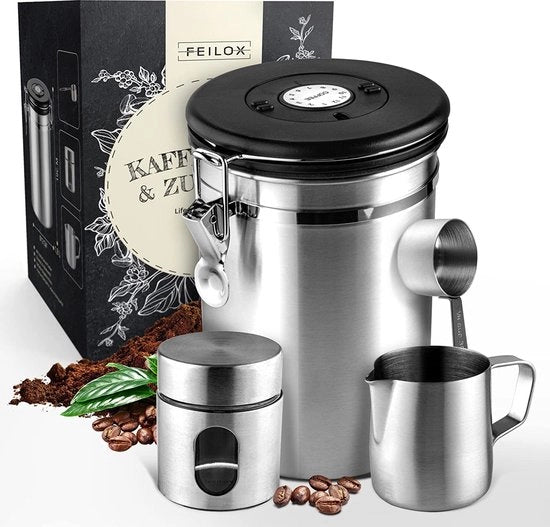 Set di contenitori per caffè in acciaio inossidabile a chiusura ermetica 500 g con set di 4 contenitori, contenitore per zucchero, contenitore per latte, cucchiaio, contenitore per caffè con chiusura aromadicht e contenitore per scadenzario.