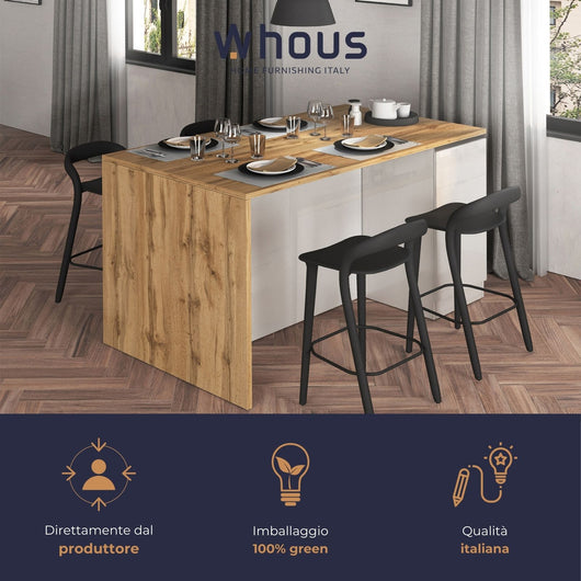 WHOUS Isola da Cucina Multifunzione con Tavolo da Pranzo fino a 4 Persone e Piano da Lavoro con Credenza Contenitiva, Made in Italy COLORE: Bianco lucido/rovere, STILE: 2 ante